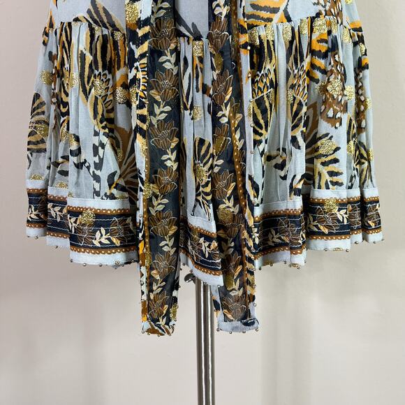 Farm Rio | Tapestry Blue Black Gold Tie Waist Ruffle Designer Mini Skirt XS - Picture 4 of 11